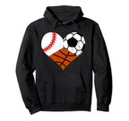 Baseball Soccer Basketball Heart Funny Hoodie - Graphic Print for Adults