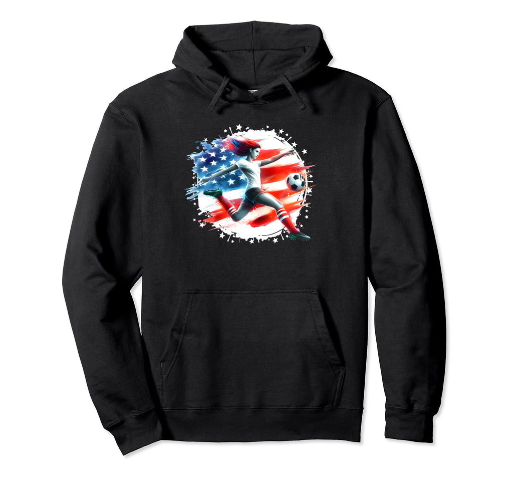 American Flag Soccer Player Womens Hoodie - Novelty Apparel for Adults