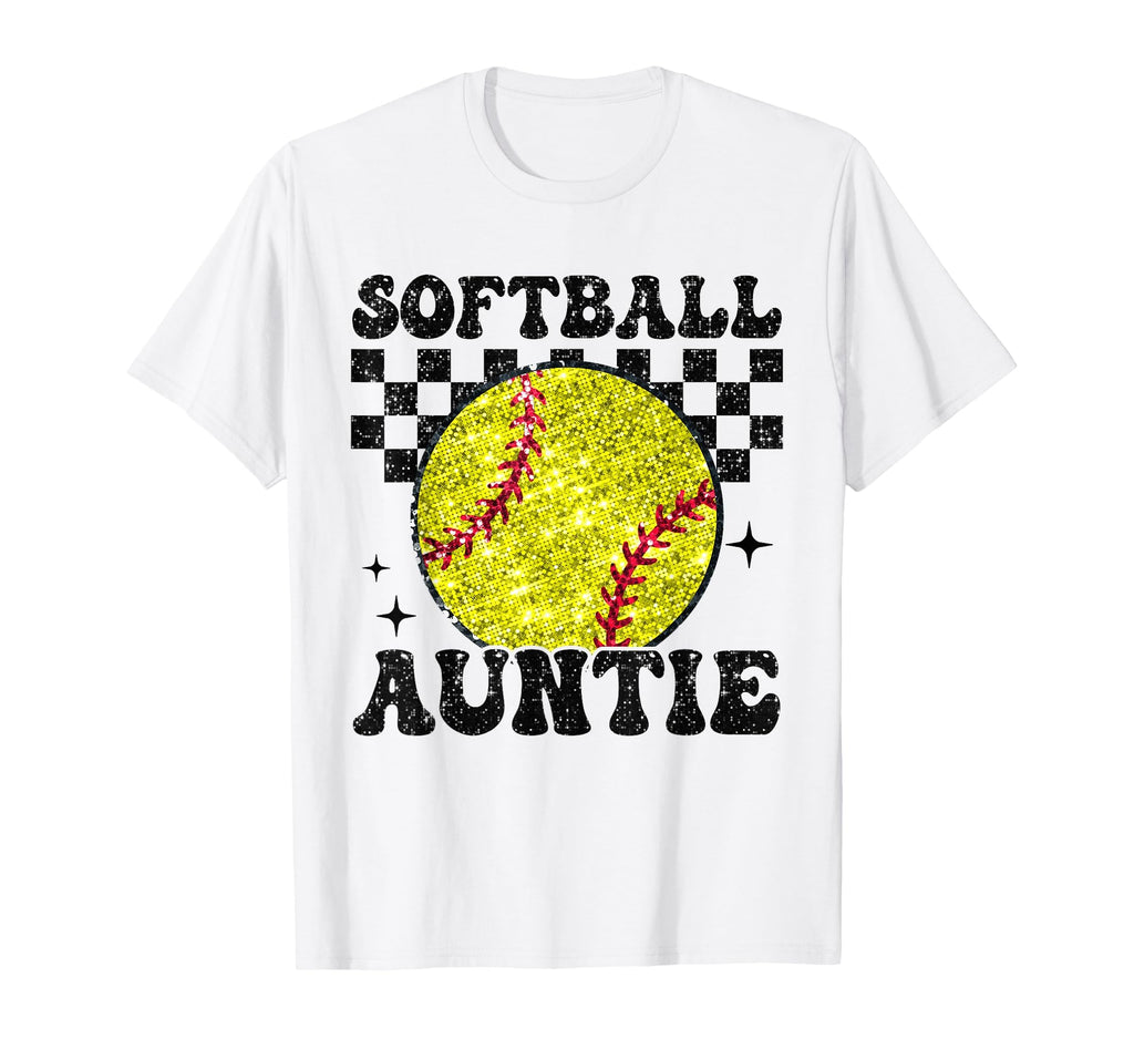 Softball Auntie Checkered Funny T-Shirt - Unique Graphic Men Women