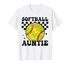 Softball Auntie Checkered Funny T-Shirt - Unique Graphic Men Women