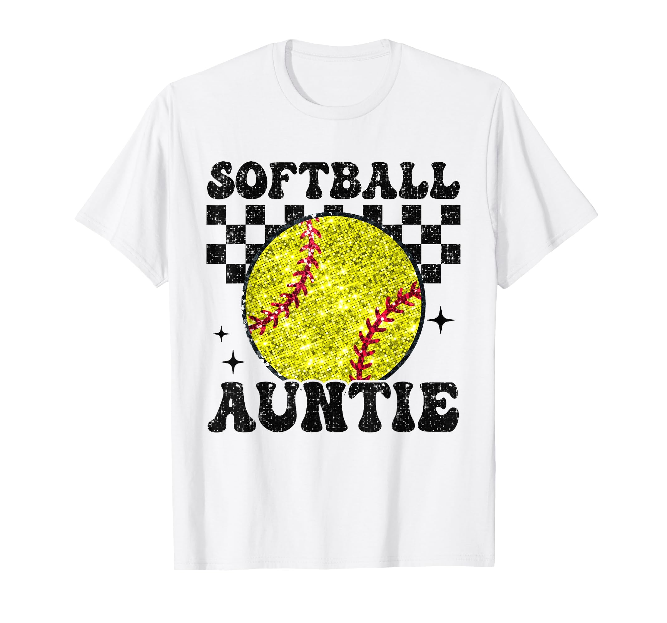 Softball Auntie Checkered Funny T-Shirt - Unique Graphic Men Women