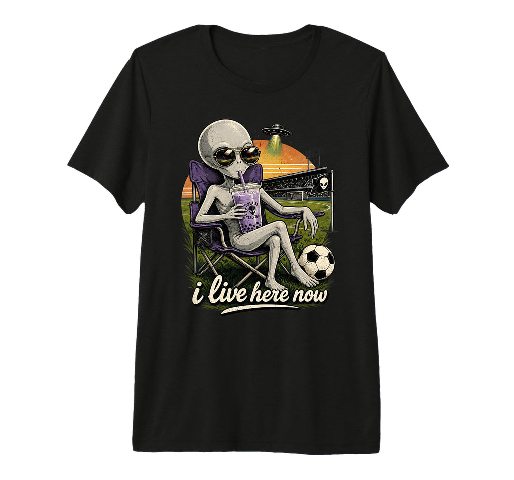 Funny Ufo Alien Soccer Field I Live Here T-Shirt - Trendy Graphic Unisex