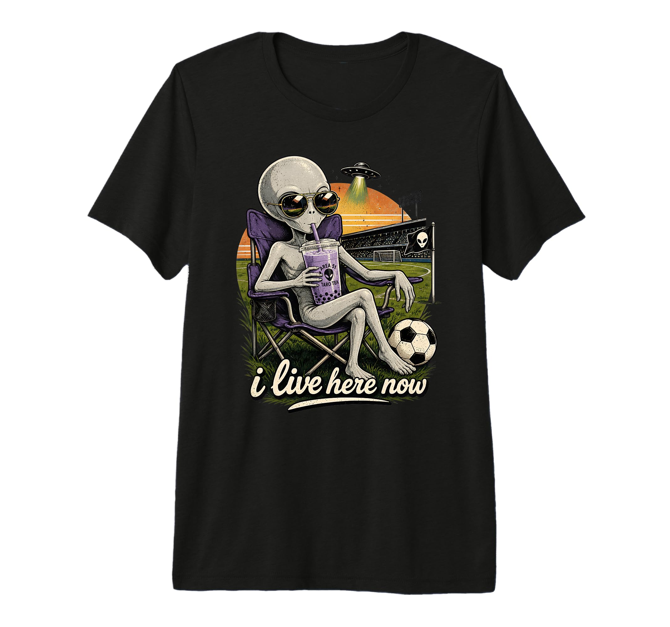 Funny Ufo Alien Soccer Field I Live Here T-Shirt - Trendy Graphic Unisex