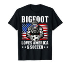 Bigfoot Loves America And Soccer T-Shirt - Fun Novelty Design for Adults