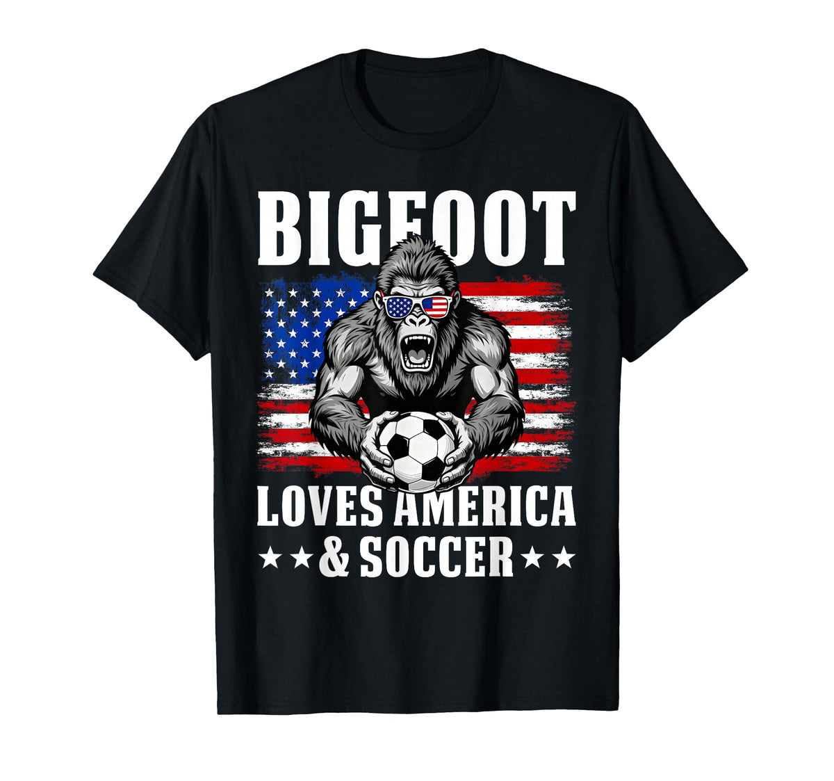 Bigfoot Loves America And Soccer T-Shirt - Fun Novelty Design for Adults