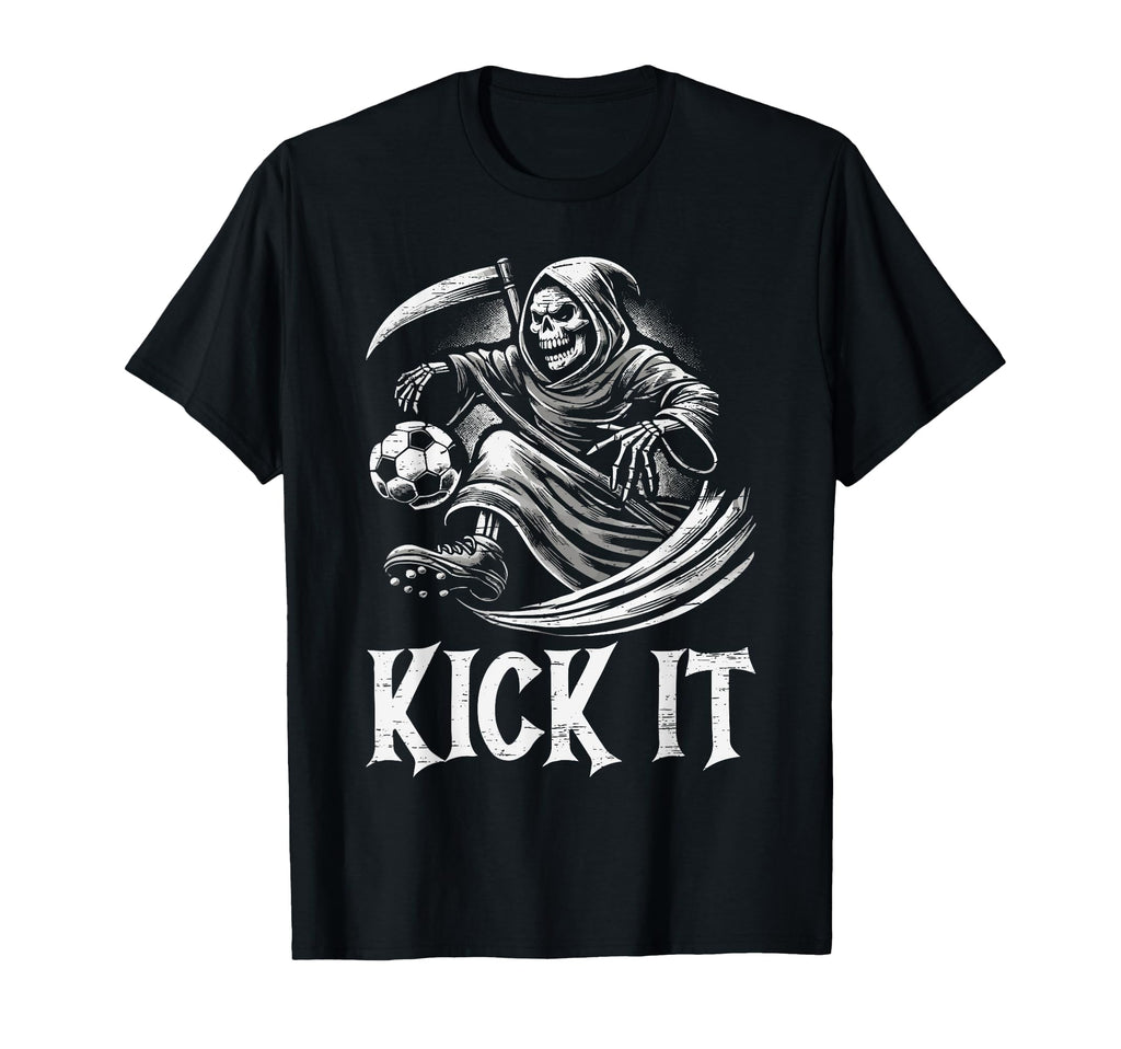 Kick It Grim Reaper Playing Soccer T-Shirt - Unique Graphic Men Women