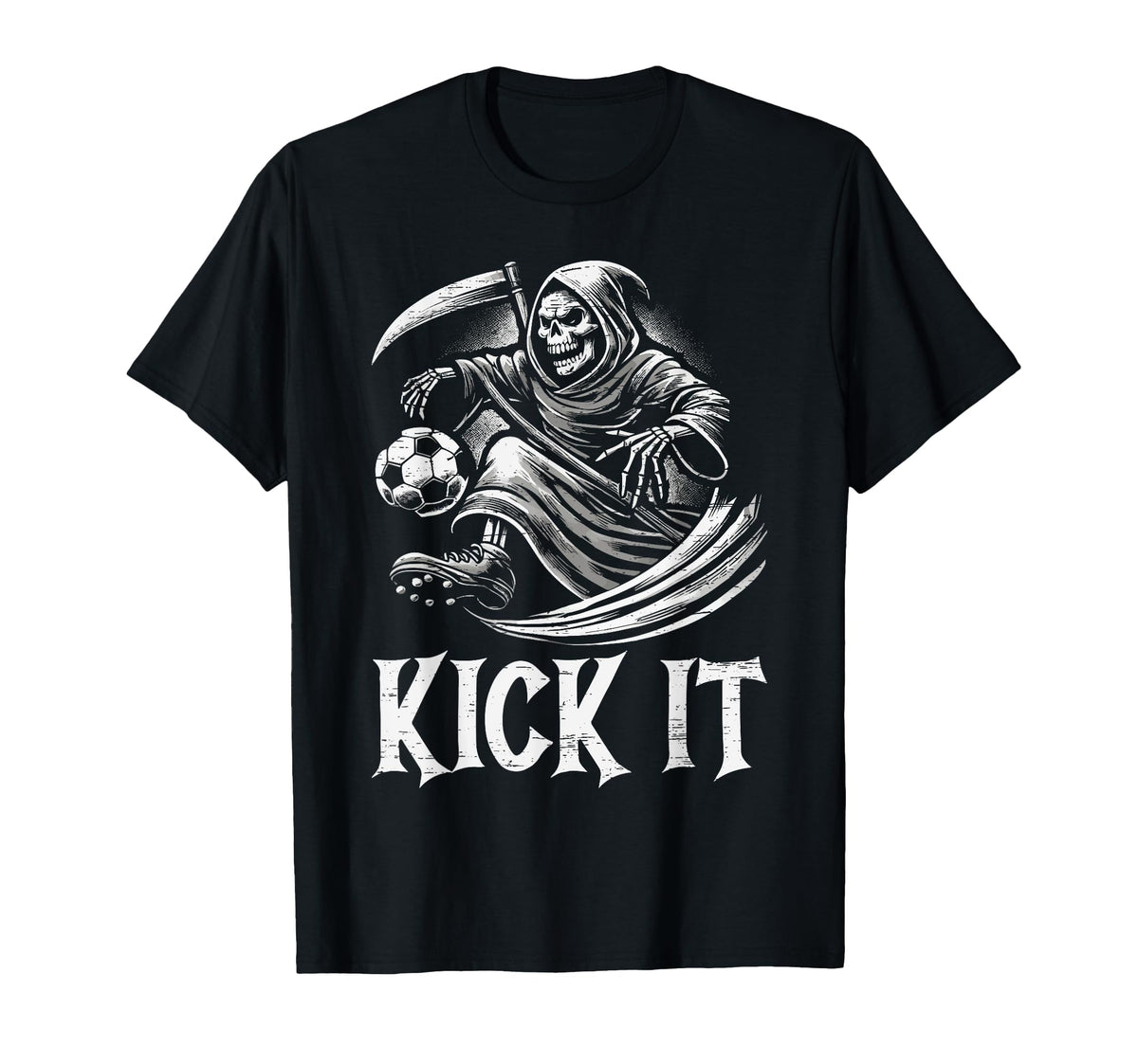 Kick It Grim Reaper Playing Soccer T-Shirt - Unique Graphic Men Women