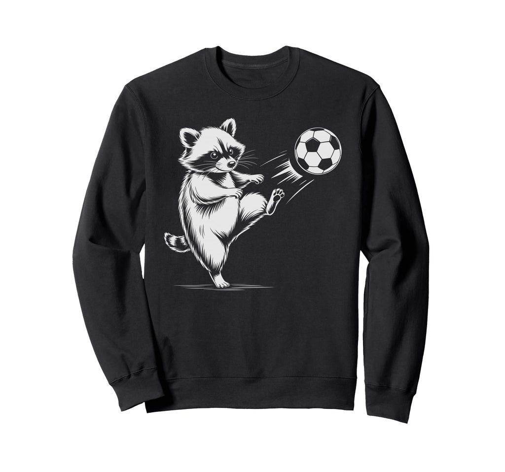 Kawaii Soccer Ball Raccoon Kicking Sweatshirt - Trendy Graphic for Adults