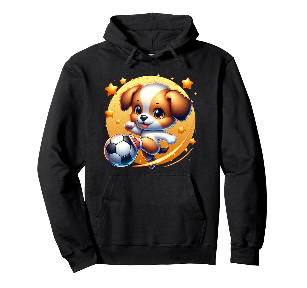 Puppy Dog Playing Soccer Kicking Ball Hoodie - Fun Novelty Design Men Women