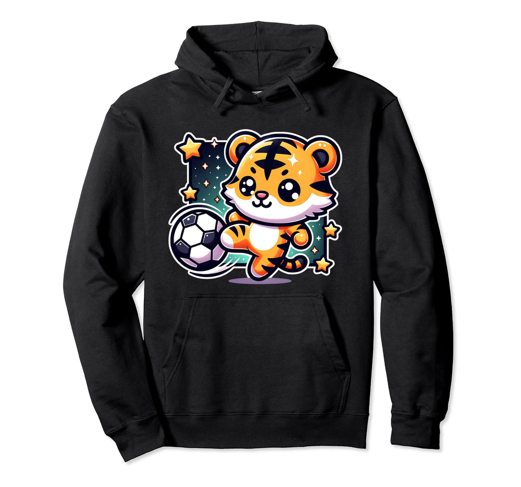 Tiger Soccer Player Kicking Soccer Ball Hoodie - Novelty Apparel for Adults