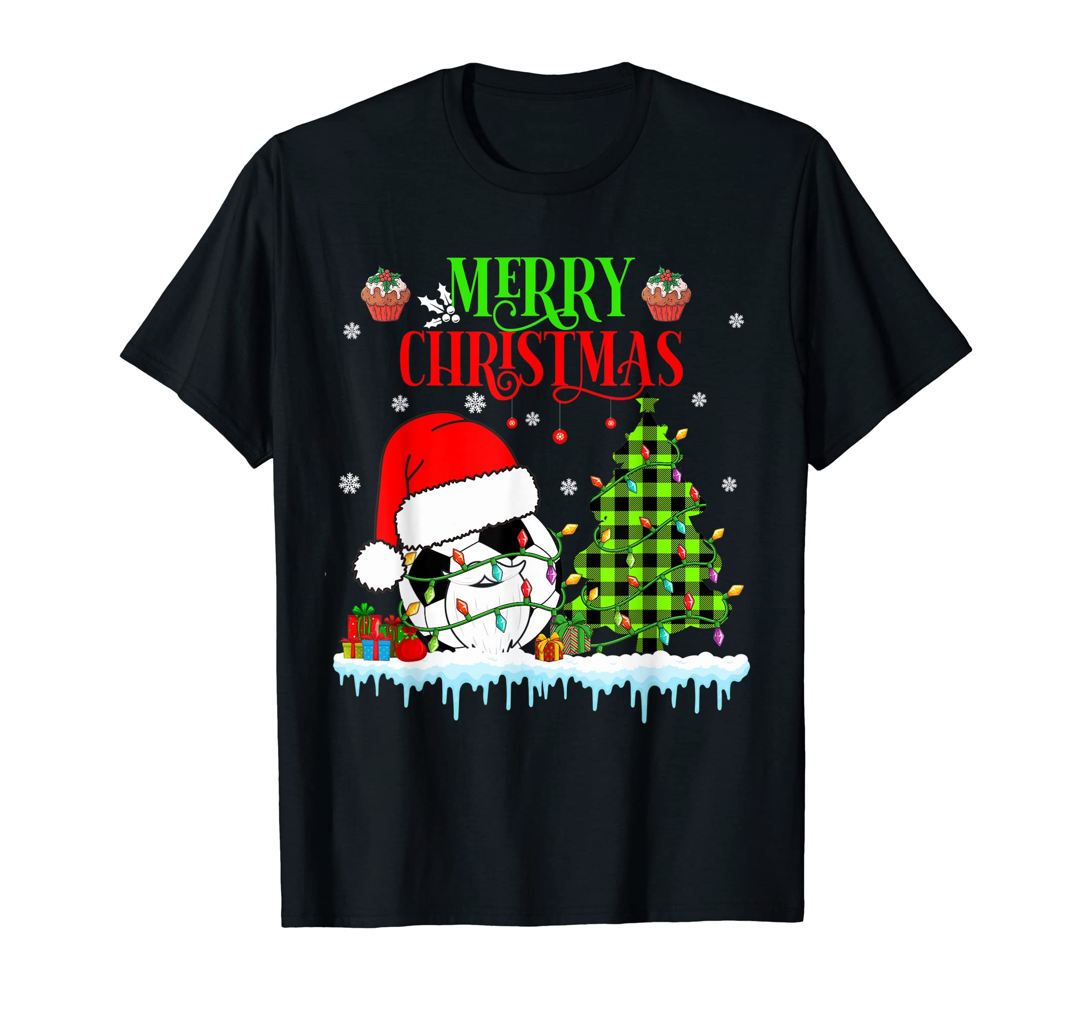 Merry Tree Plaid Santa Soccer T-Shirt - Casual Everyday Wear for Adults