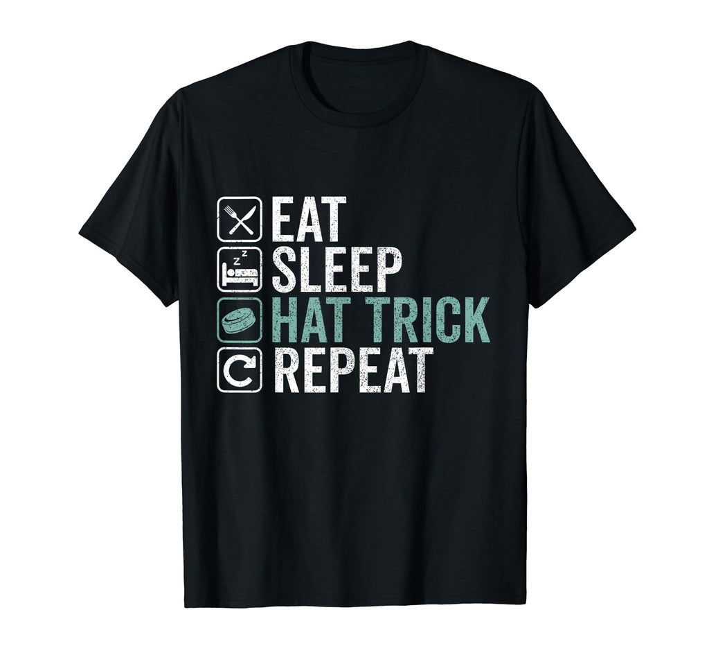 Eat Sleep Hat Trick Repeat Ice Hockey T-Shirt - Trendy Graphic Men Women