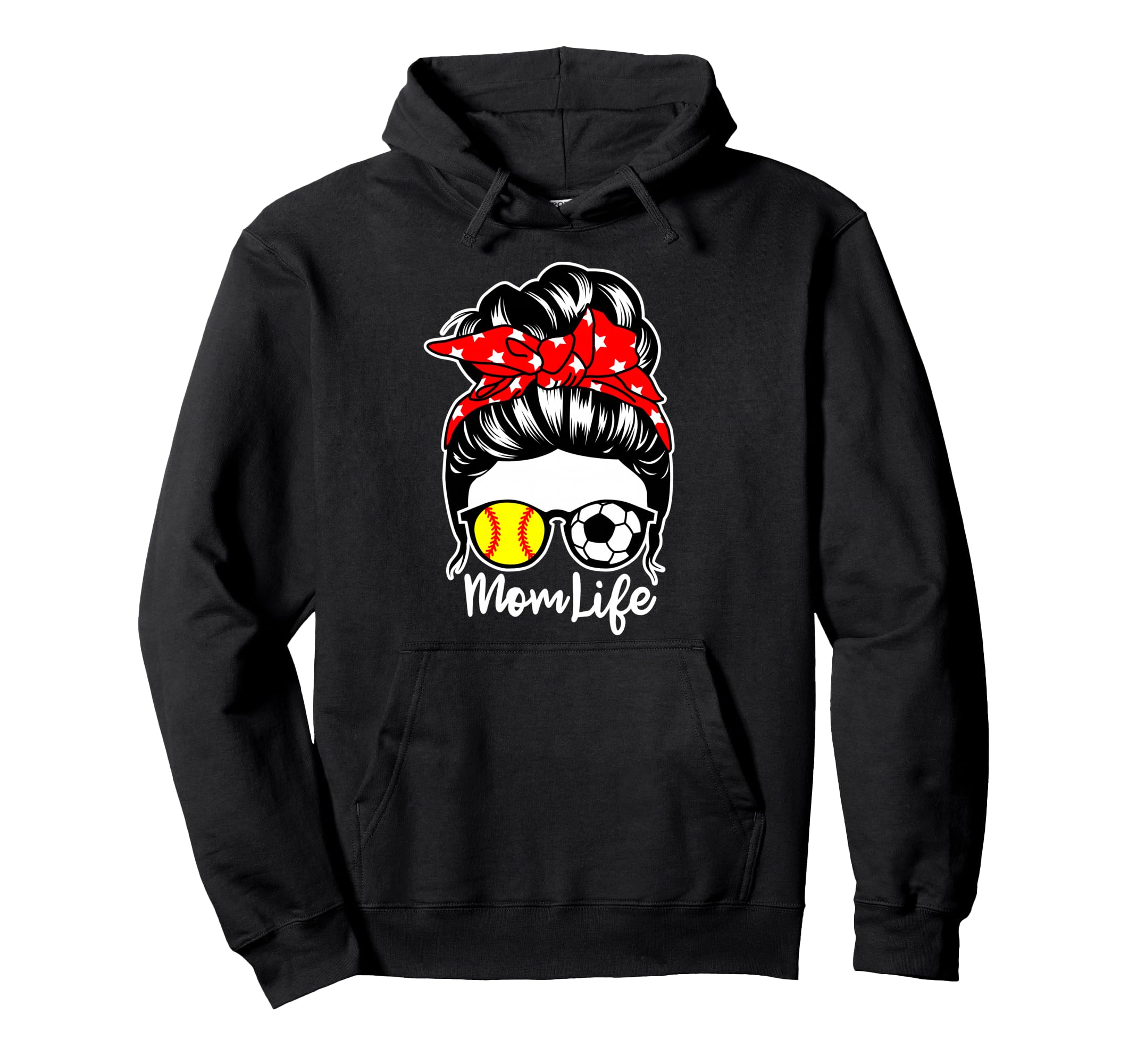 Mom Life Messy Bun Hair Soccer Softball Hoodie - Graphic Print for Adults