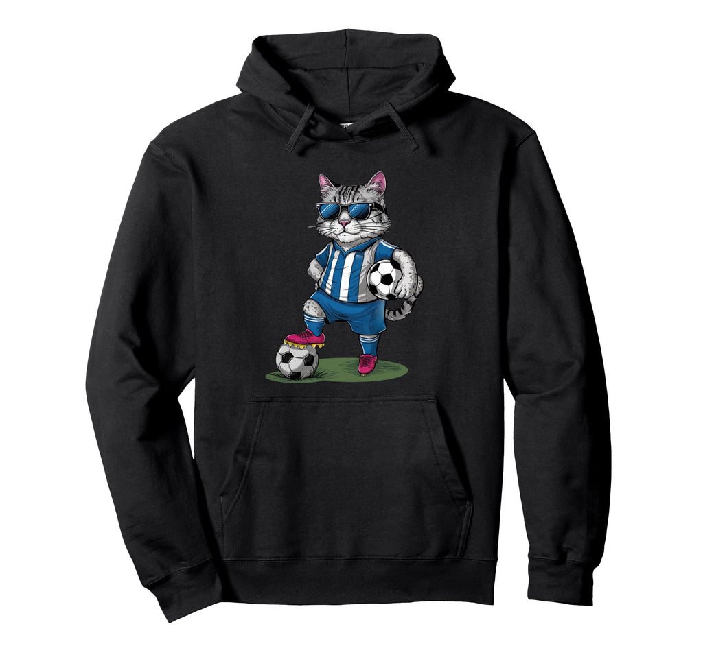 Funny Soccer Cat Cartoon Sports Fan Hoodie - Minimalist Print for Adults