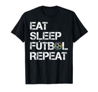 Eat Sleep Futbol Repeat Multi Color T-Shirt - Aesthetic Graphic Unisex