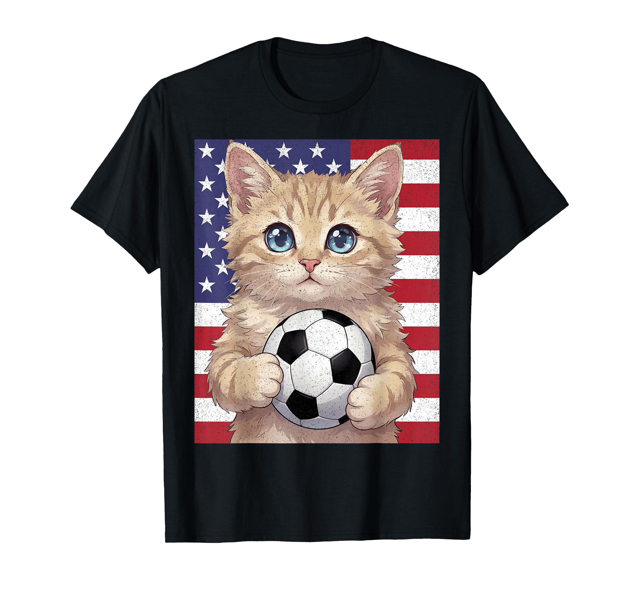 Patriotic Kitten Soccer Ball Distressed T-Shirt - Unique Graphic Unisex