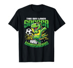 This Loves Soccer And Dinosaurs T-Shirt - Casual Everyday Wear Men Women