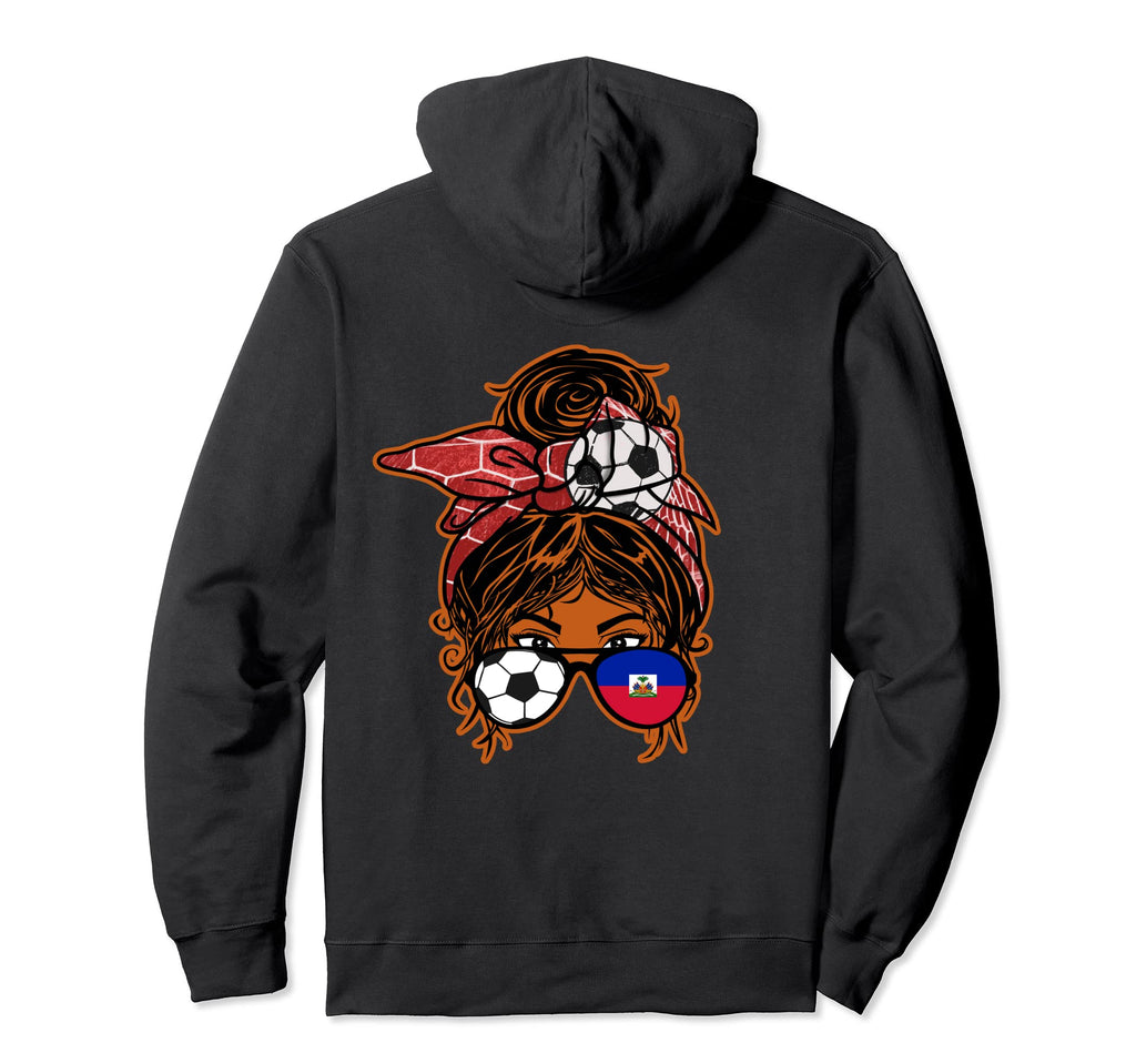 Messy Bun Hair Brown Skin Soccer Haiti Hoodie - Trendy Graphic for Adults
