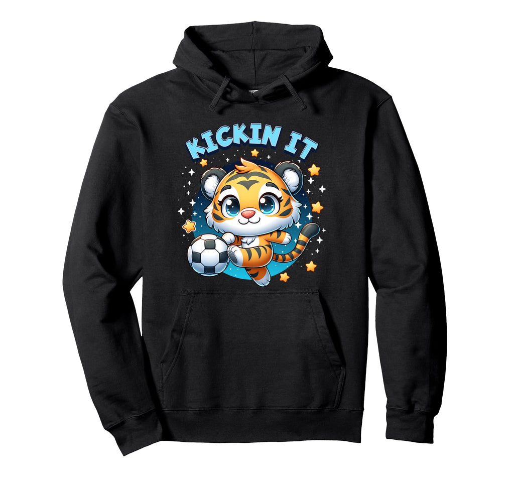 Kickin It Tiger Playing Soccer Hoodie - Fun Novelty Design for Adults