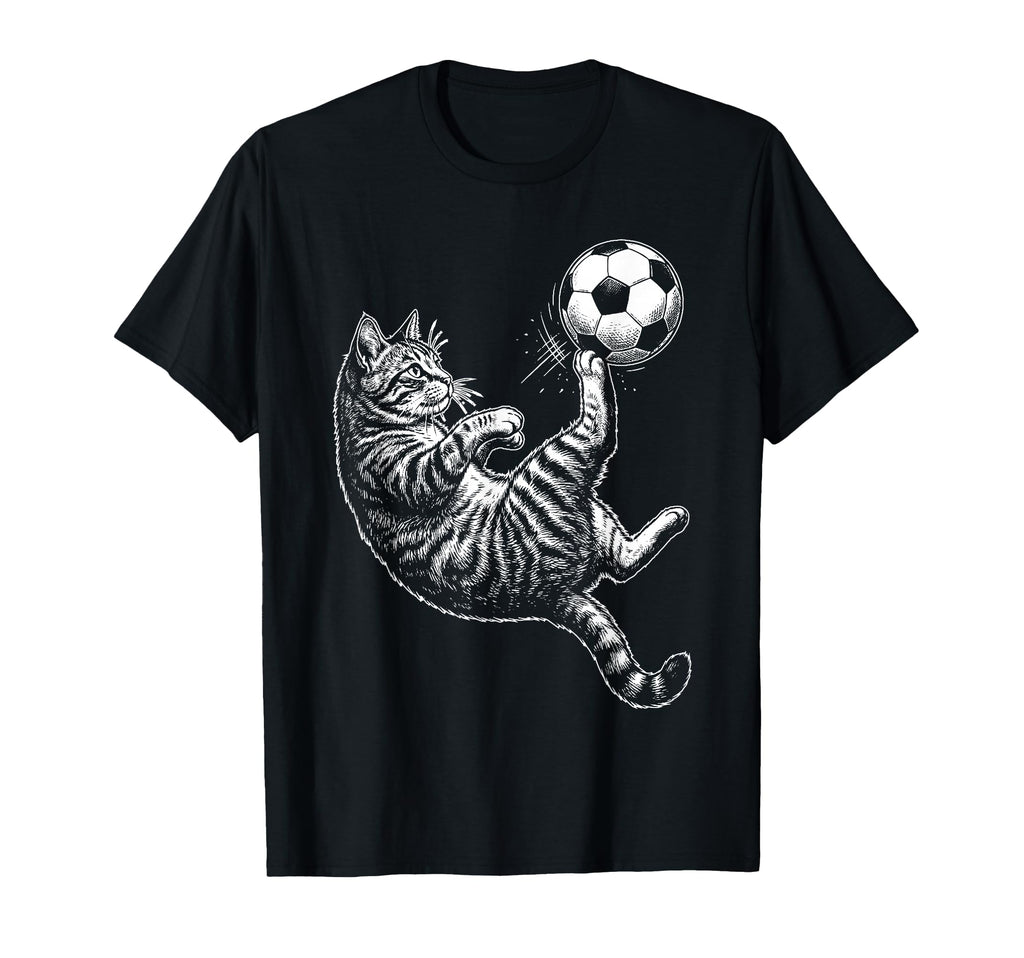 Funny Soccer Cat Kicking Ball T-Shirt - Fun Novelty Design Men Women