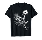 Funny Soccer Cat Kicking Ball T-Shirt - Fun Novelty Design Men Women