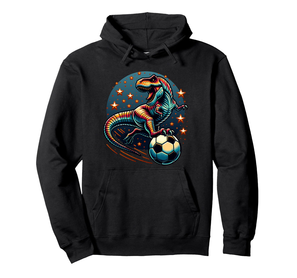 T Rex Dinosaur Playing Soccer Ball Hoodie - Unique Graphic for Adults