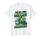 This Loves Soccer And Dinosaurs Playing T-Shirt - Unique Graphic Unisex