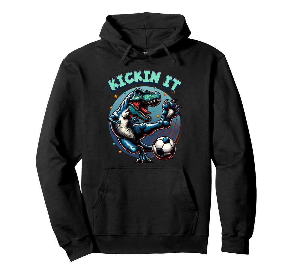 Kickin It T Rex Dinosaur Soccer Player Hoodie - Unique Graphic for Adults