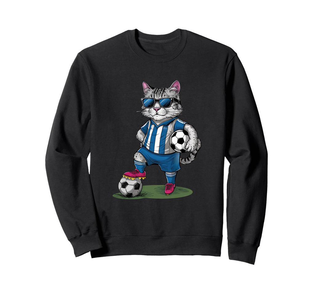 Funny Soccer Cat Cartoon Sports Sweatshirt - Casual Everyday Wear Unisex