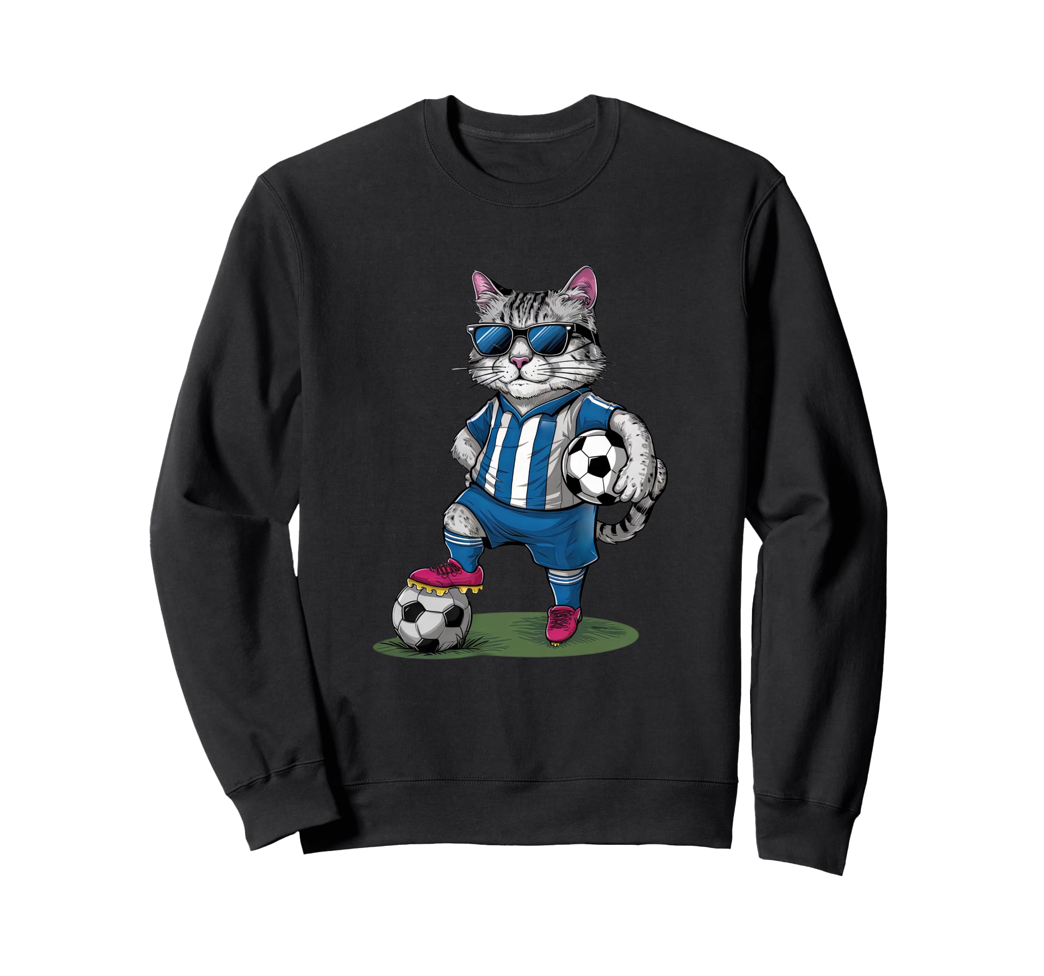 Funny Soccer Cat Cartoon Sports Sweatshirt - Casual Everyday Wear Unisex