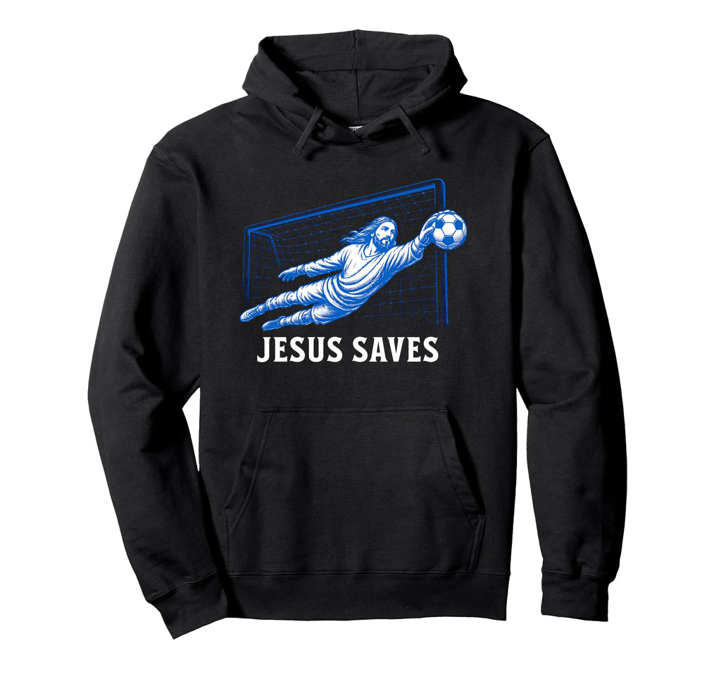 Funny Jesus Saves Soccer Goal Keeper Hoodie - Minimalist Print for Adults