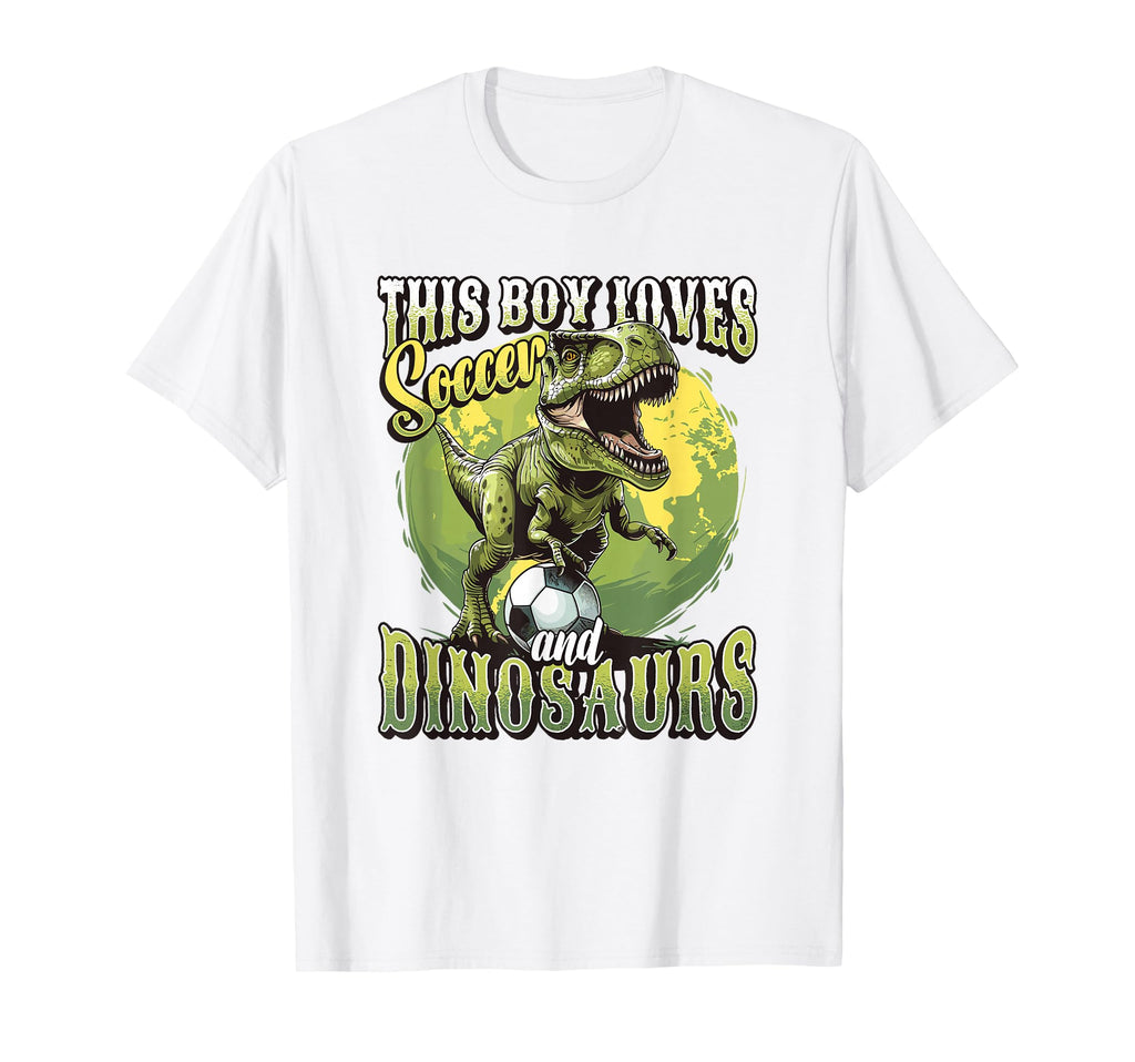 This Loves Soccer And Dinosaurs Playing T-Shirt - Aesthetic Graphic Unisex