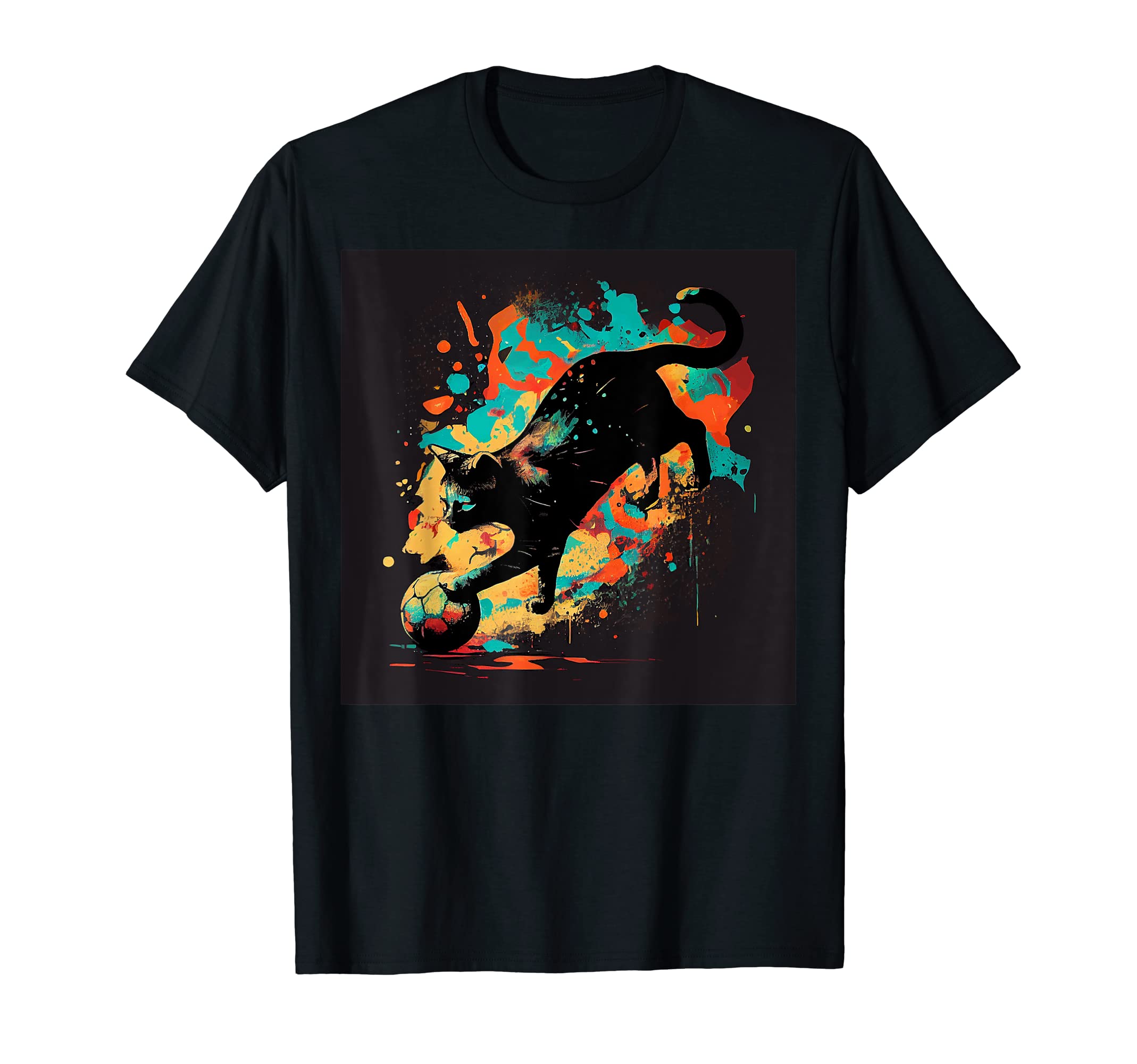 Black Cat Soccer Colorful T-Shirt - Casual Everyday Wear Unisex