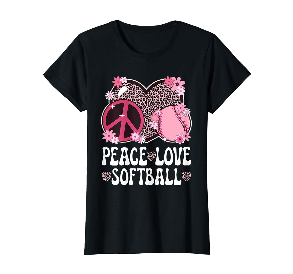 Peace Love Softball Lover Leopard Softball T-Shirt - Graphic Print Unisex