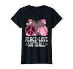 Peace Love Softball Lover Leopard Softball T-Shirt - Graphic Print Unisex