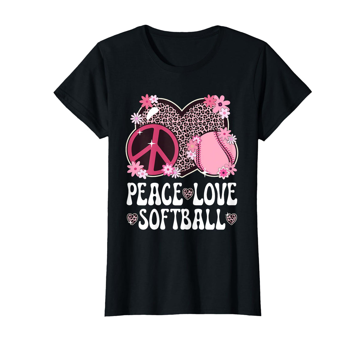 Peace Love Softball Lover Leopard Softball T-Shirt - Graphic Print Unisex