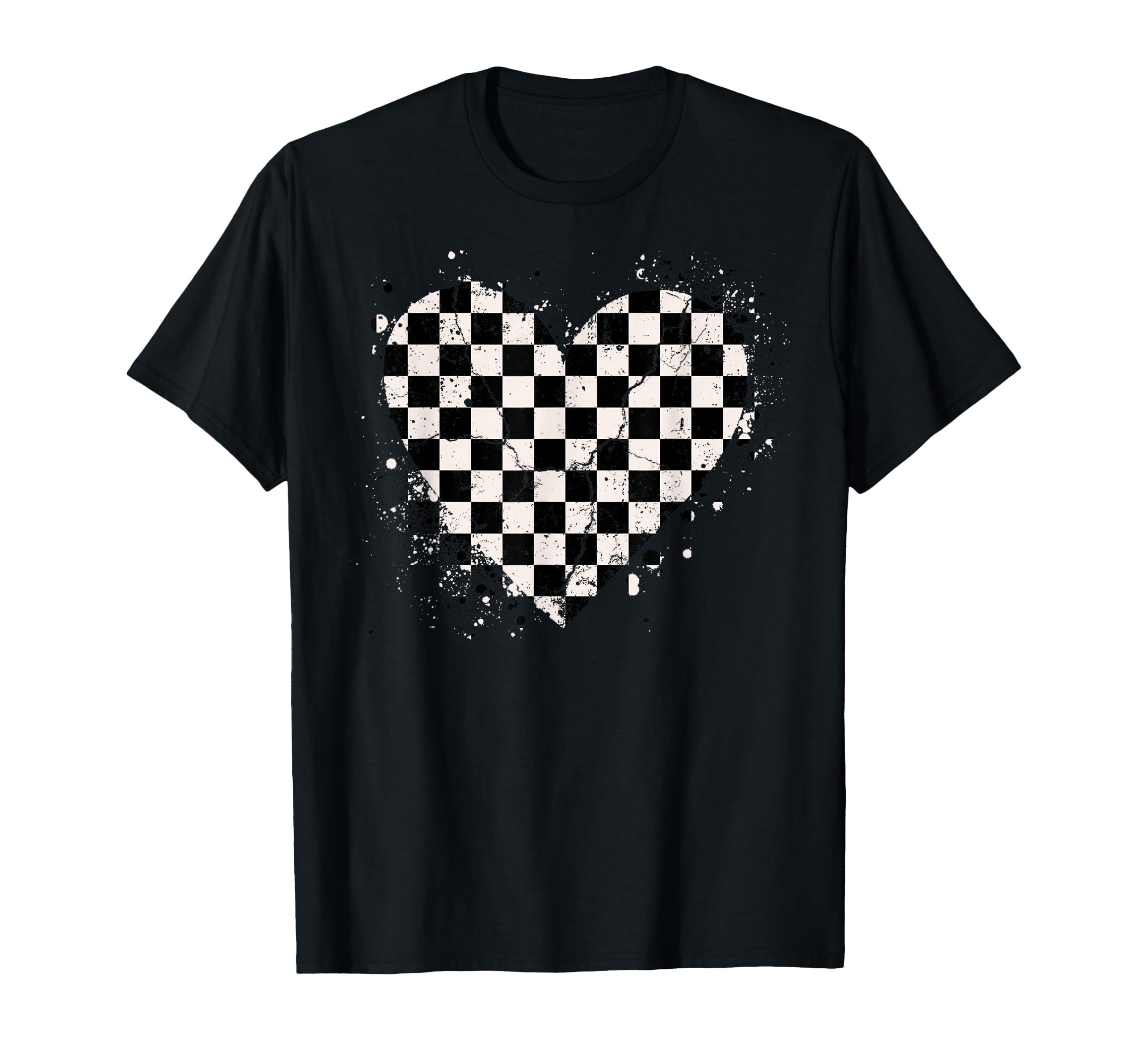Checkered Love Heart Black White T-Shirt - Custom Art Print Men Women