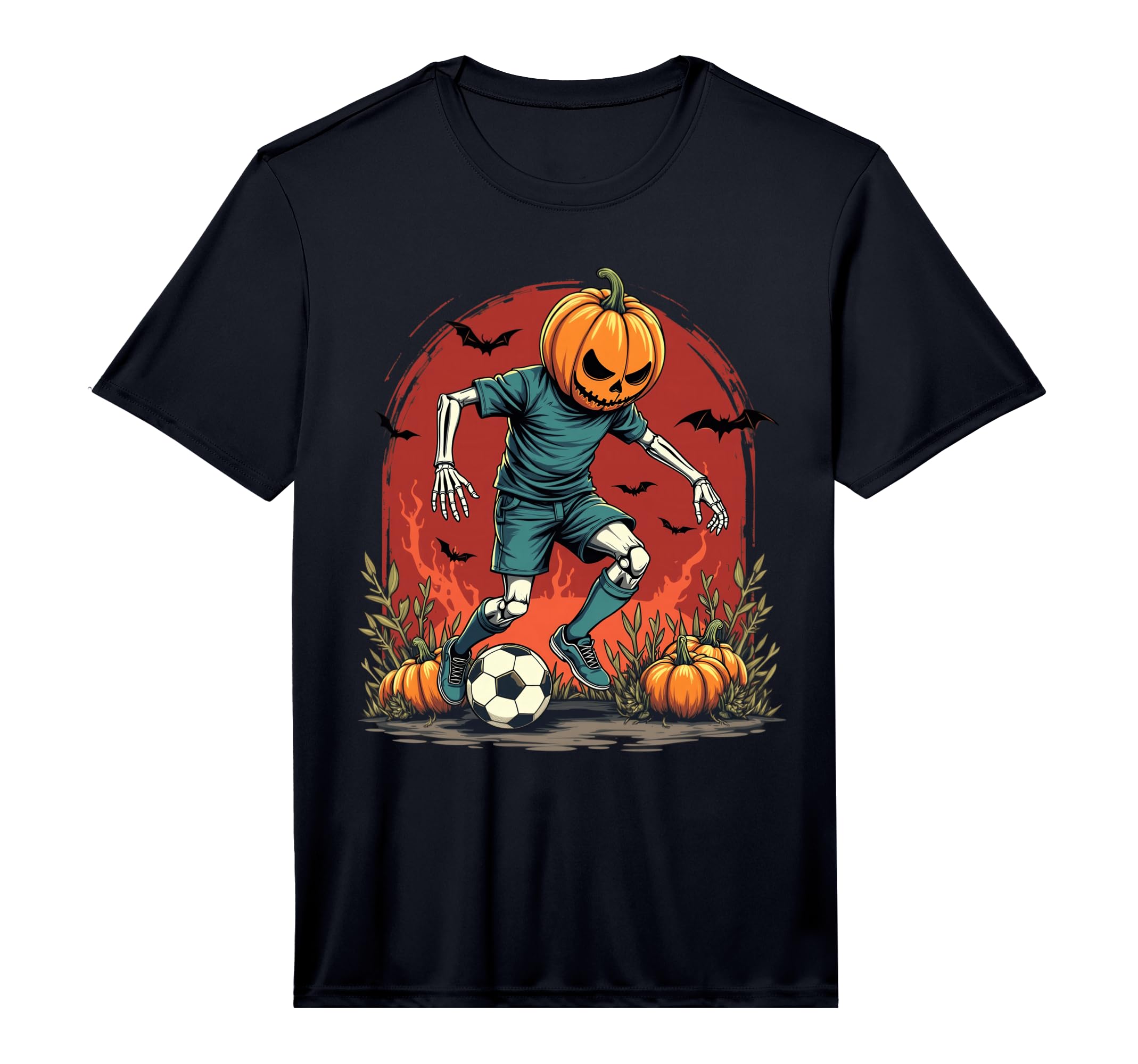 Spooky Skeleton Soccer Player Pumpkin T-Shirt - Custom Art Print Unisex