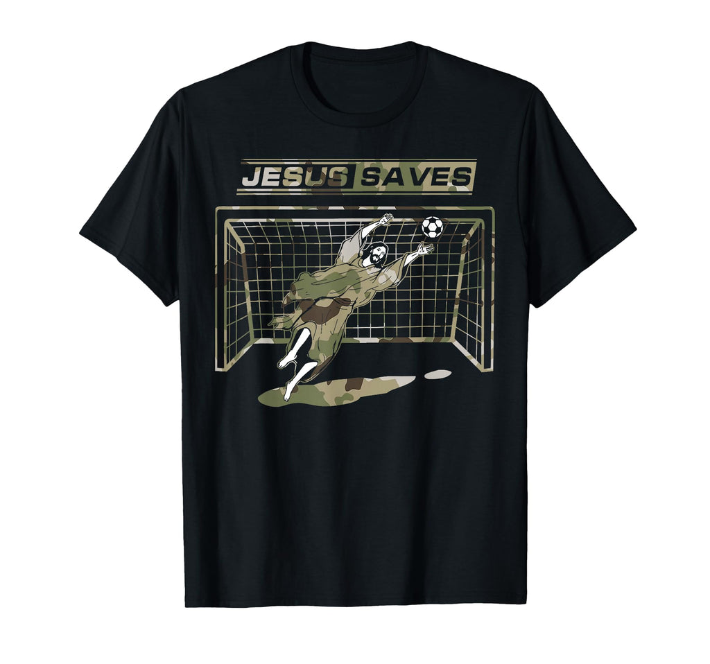 Jesus Saves Christ Soccer Goalie T-Shirt - Novelty Apparel for Adults