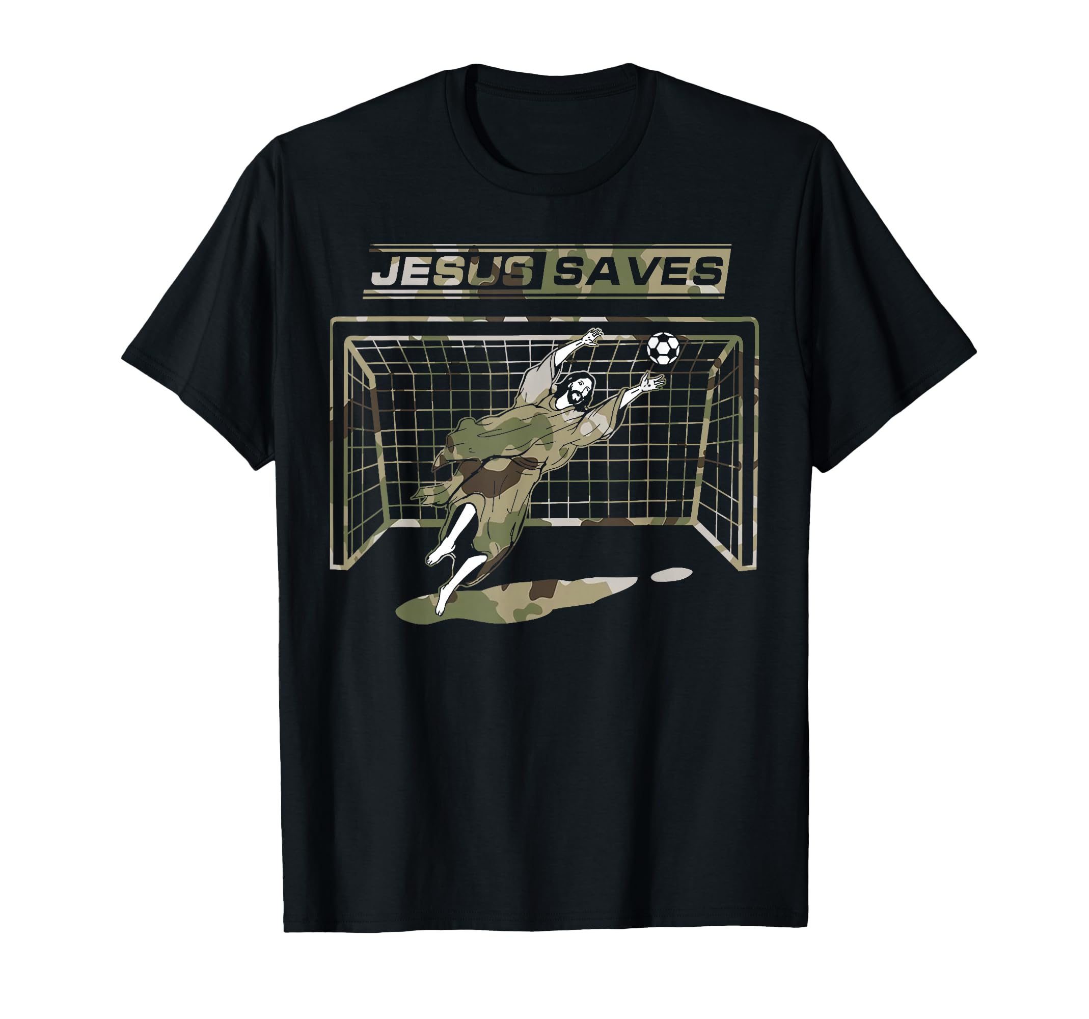 Jesus Saves Christ Soccer Goalie T-Shirt - Novelty Apparel for Adults
