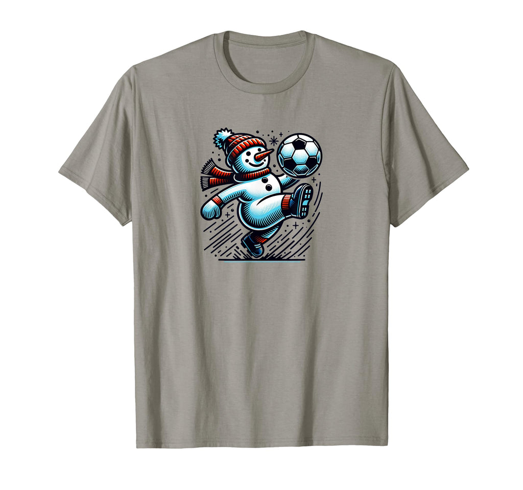 Snowman Kicking Soccer Ball T-Shirt - Minimalist Print for Adults