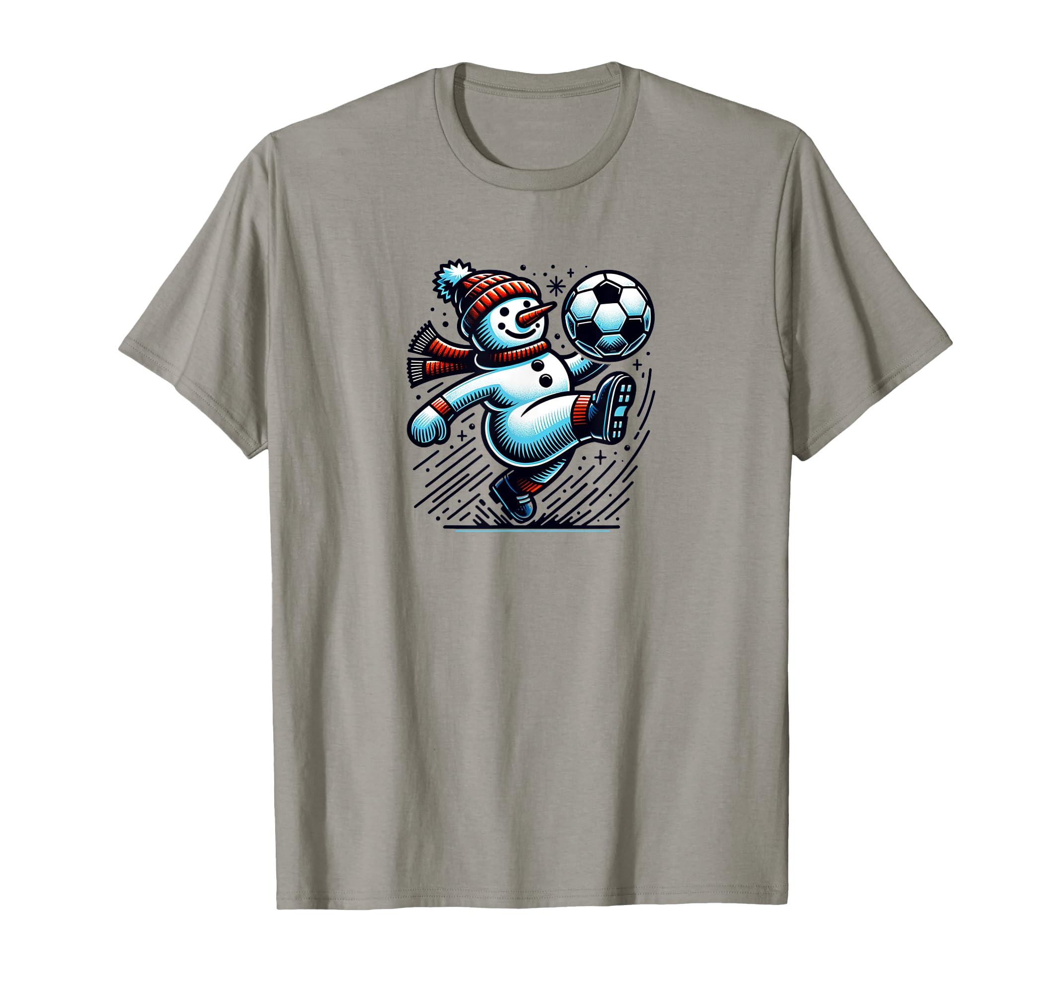Snowman Kicking Soccer Ball T-Shirt - Minimalist Print for Adults