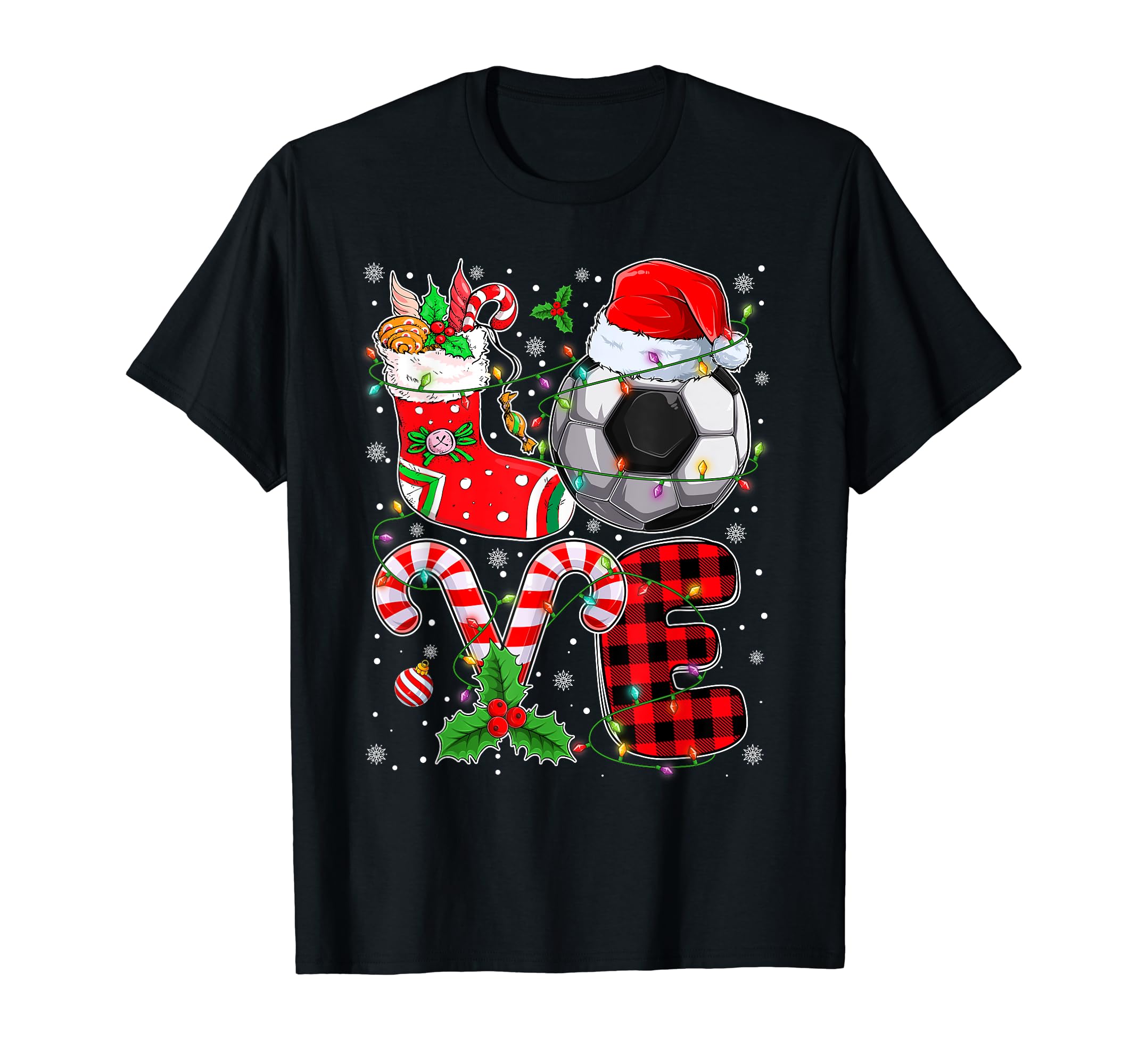 Funny Love Soccer Ball Santa Hat Lights T-Shirt - Streetwear Style Unisex
