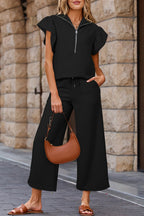 Black Textured Ruffled Sleeve Zipped Top and Wide Leg Pants Set