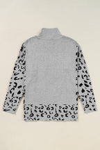 Gray Leopard High Neck Side Slit Oversized Sweater