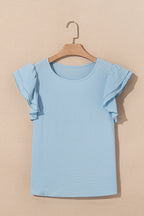 Mist Blue Solid Color Ruffled Short Sleeve Casual Blouse