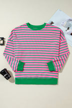 Pink Stripe Waffle Knit Crew Neck Plus Size Sweatshirt