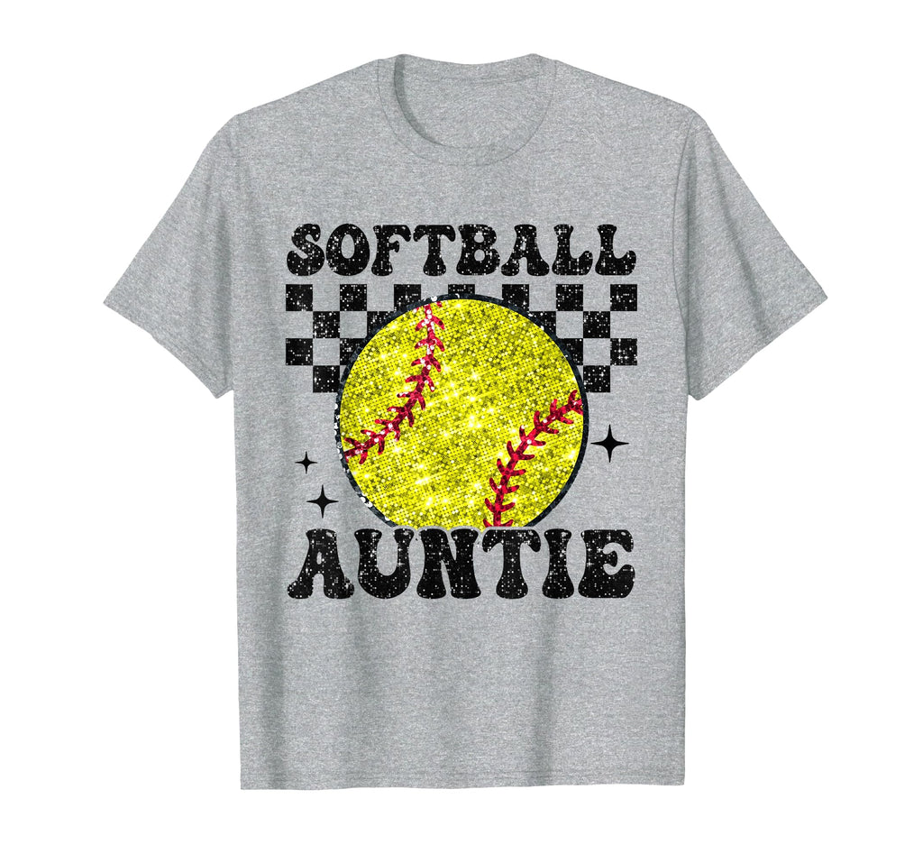 Softball Auntie Checkered Funny T-Shirt - Aesthetic Graphic for Adults