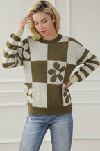 Green Checkered Floral Print Striped Sleeve Sweater