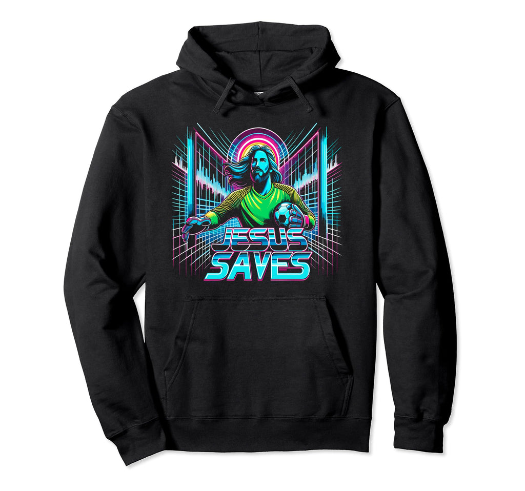 80S Vaporwave Jesus Saves Soccer Hoodie - Fun Novelty Design for Adults